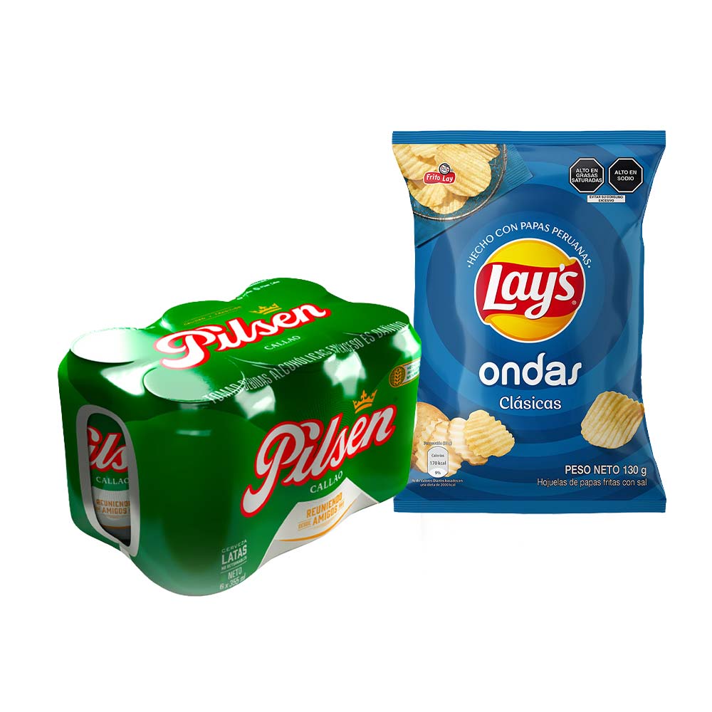 Pack Papas Fritas LAY'S Ondas Sal Bolsa 130g + Cerveza PILSEN Paquete 6Un Lata 355Ml