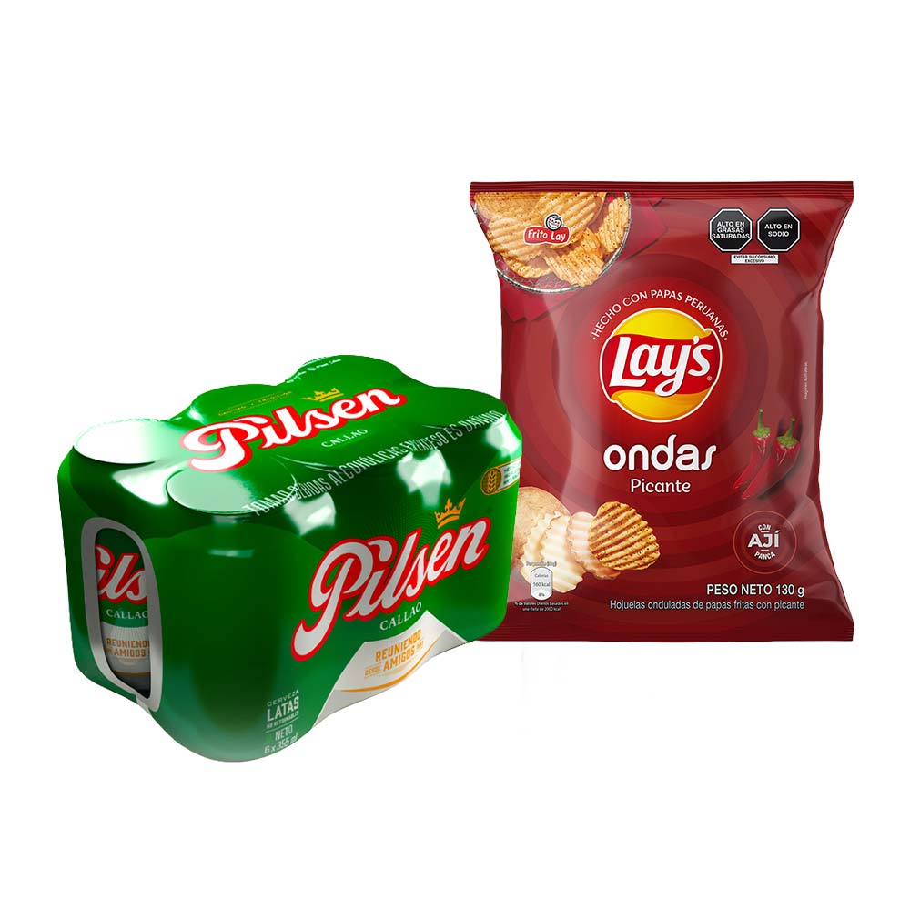 Pack Cerveza PILSEN Paquete 6Un Lata 355Ml + Papas Fritas LAY'S Ondas Picante Bolsa 130g