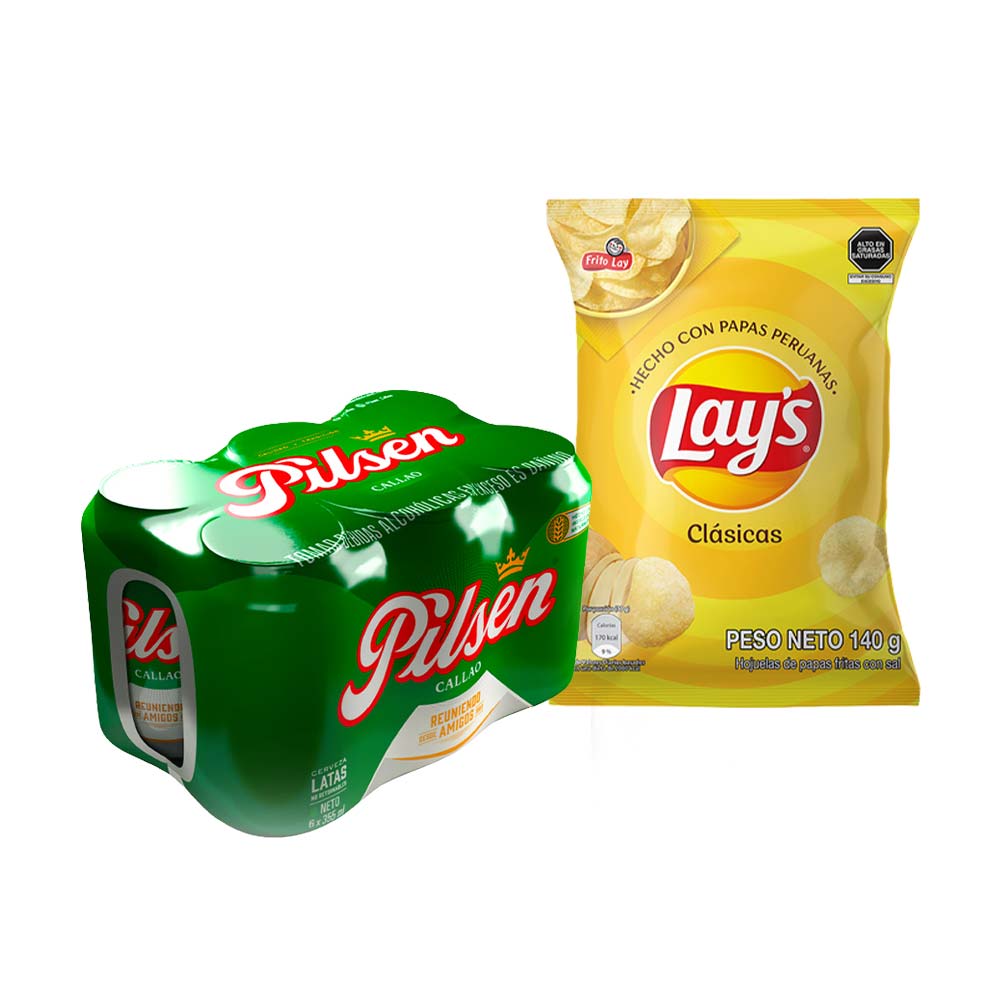 Pack Cerveza PILSEN Paquete 6Un Lata 355Ml + Papas Fritas LAY'S Clásicas Sal Bolsa 140g