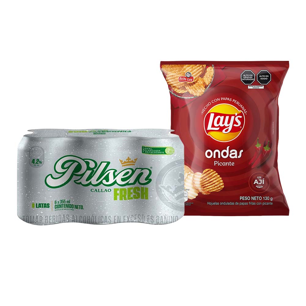 Pack Papas Fritas LAY'S Ondas Picante Bolsa 130g + Cerveza PILSEN Callao Fresh Lata 355ml Paquete 6un