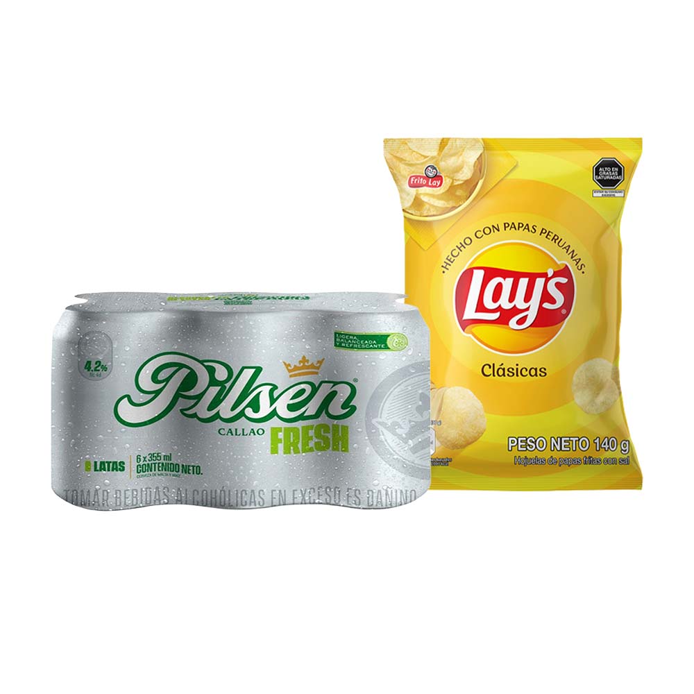 Pack Papas Fritas LAY'S Clásicas Sal Bolsa 140g + Cerveza PILSEN Callao Fresh Lata 355ml Paquete 6un